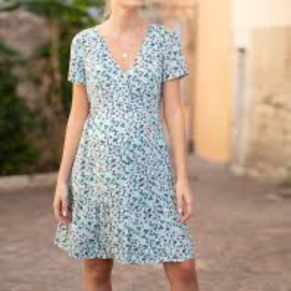 Knee-length turquoise floral ditsy maternity dress